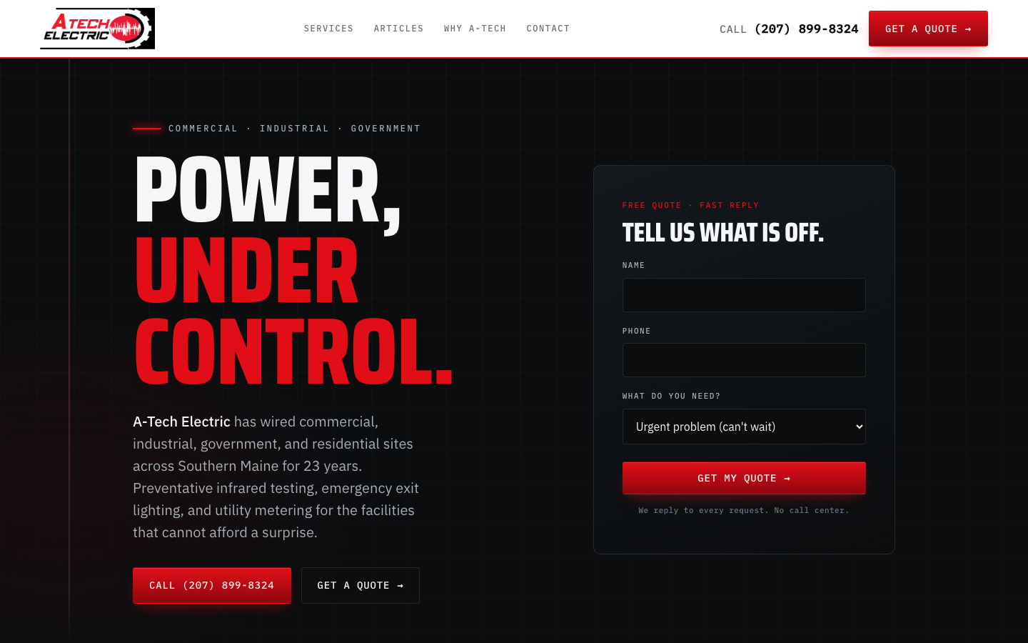 A-Tech Electric homepage: dark hero reading Power, Under Control with a quote form