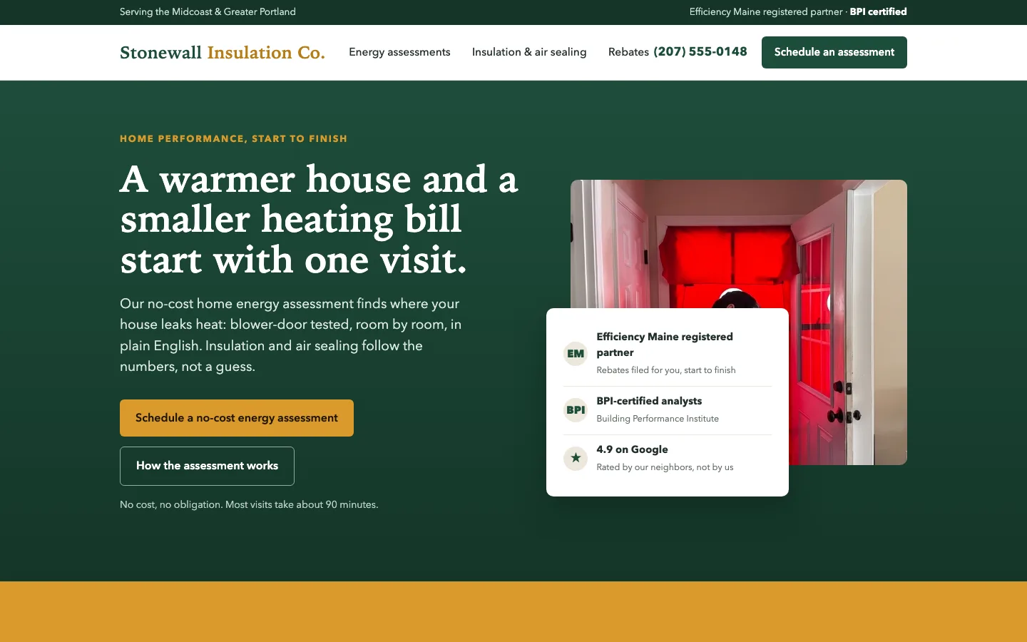 Stonewall Insulation concept homepage: energy-assessment hero with an overlapping trust card and rebate band