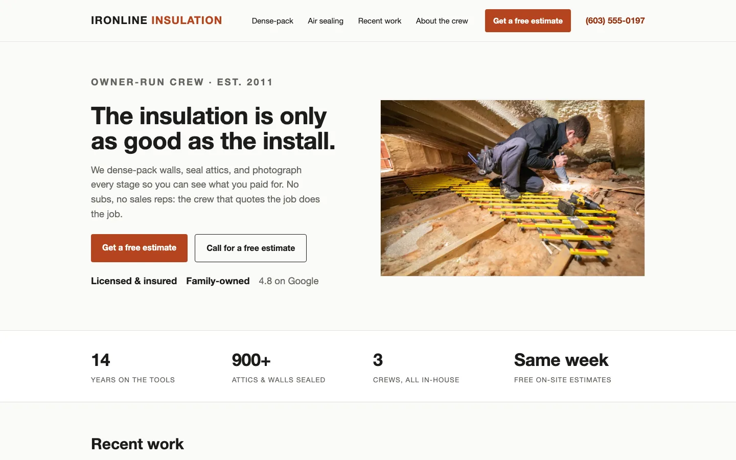 Ironline Insulation concept homepage: documentary hero with a job photo beside the copy and a plain stat row
