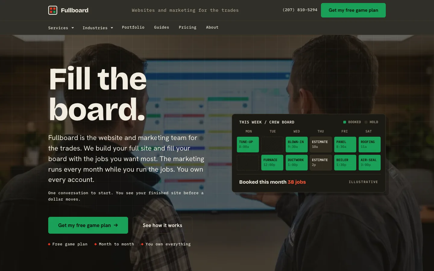 Fullboard homepage: Fill the board hero with schedule board visual and free game plan buttons