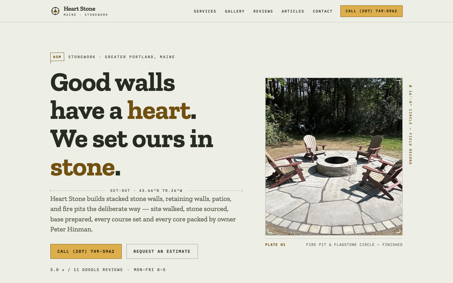 Heart Stone Maine homepage: Good walls have a heart hero with fire pit photography