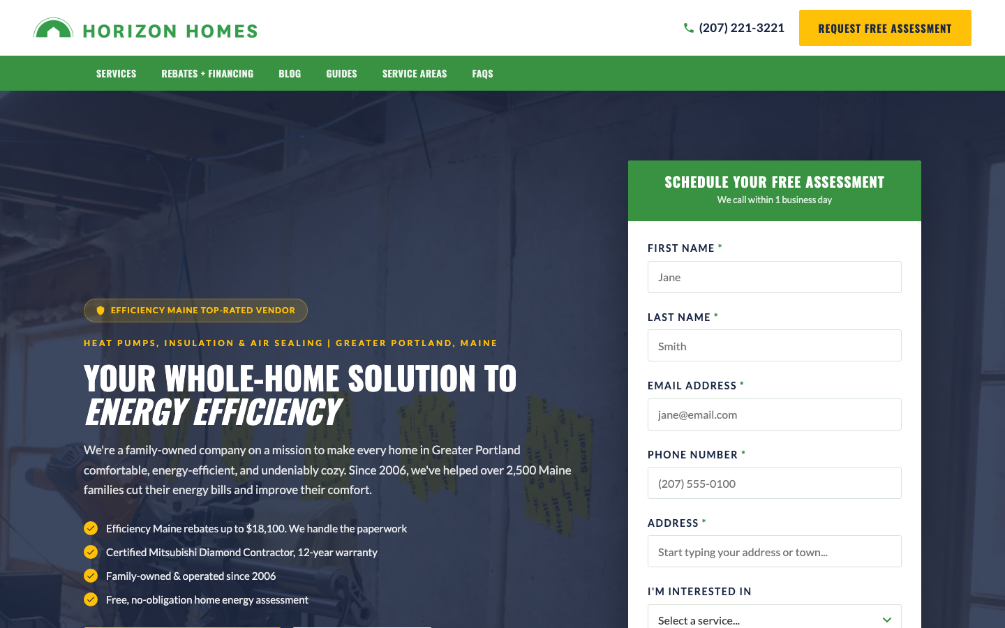 Horizon Homes homepage: hero with free assessment form, trust badges, and service navigation