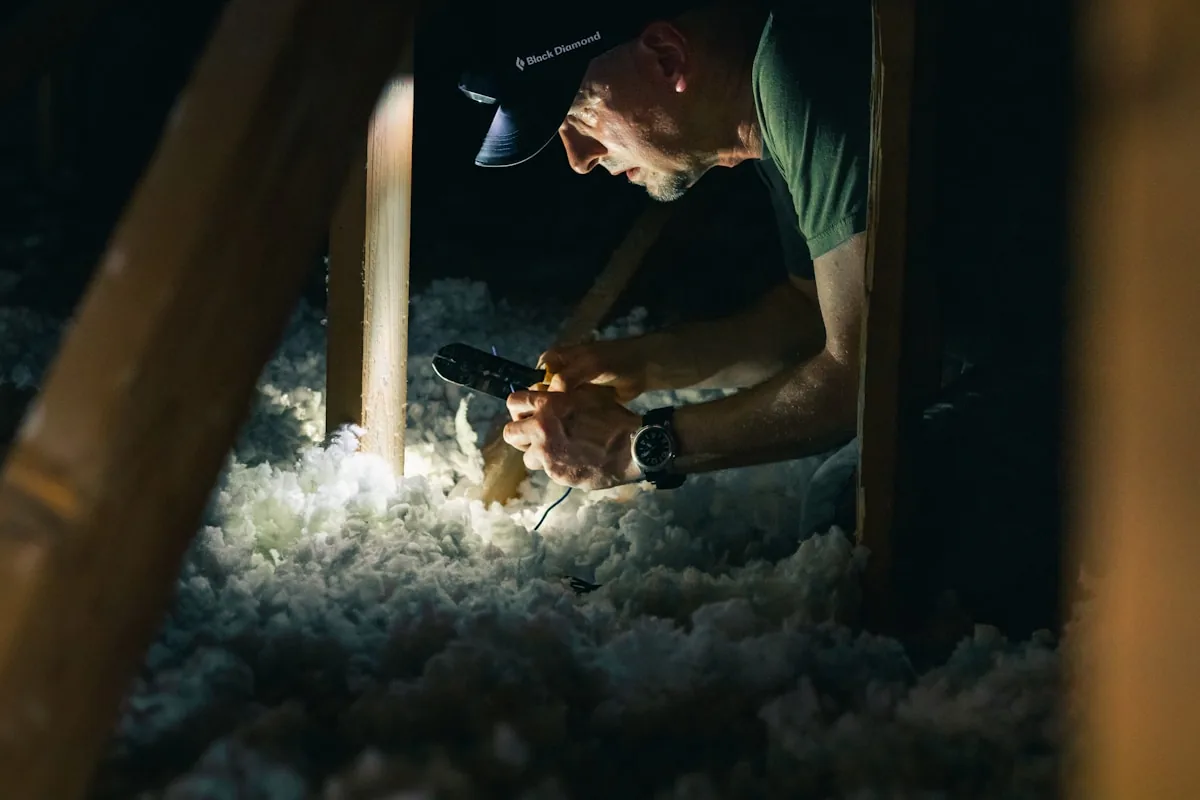 A technician in a headlamp working over blown-in attic insulation between the joists.
